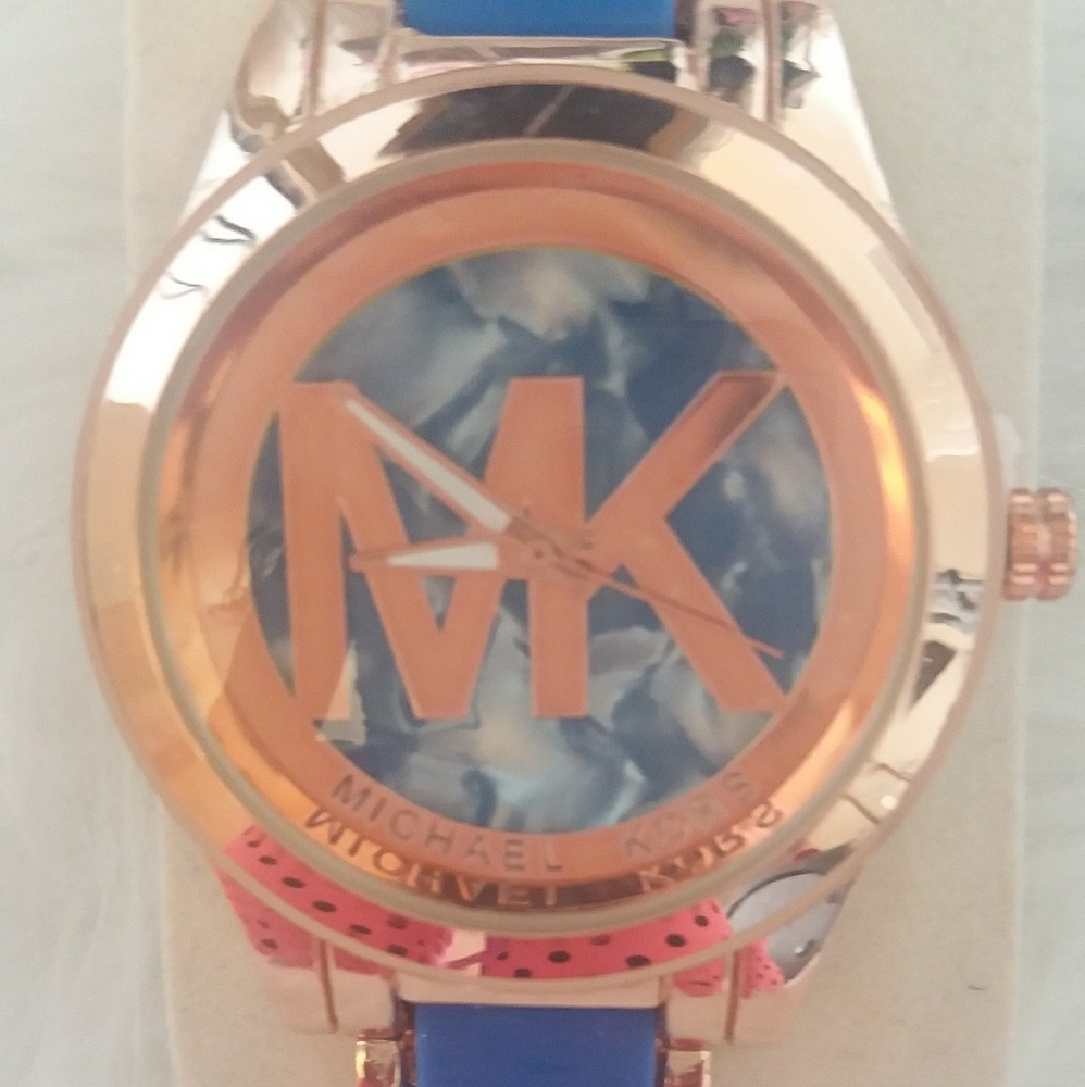 MK rose gold and blue watch